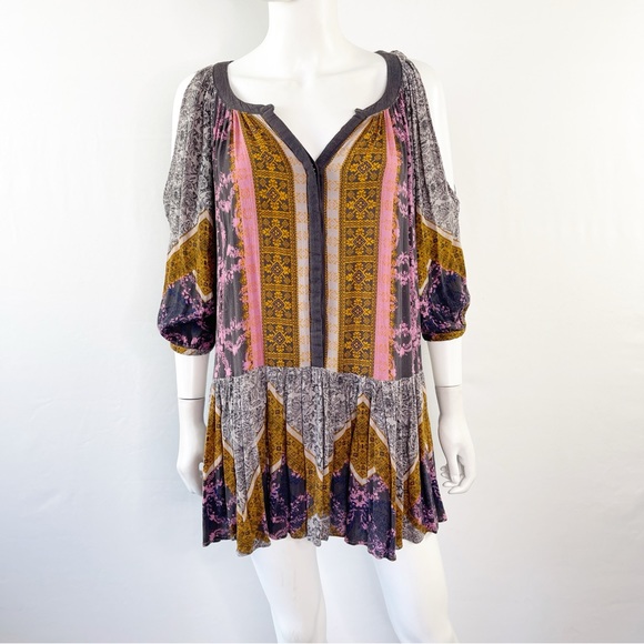 Free People Multicolor Damask Print Cold Shoulder Mini Dress Tunic Size XS - Picture 2 of 9